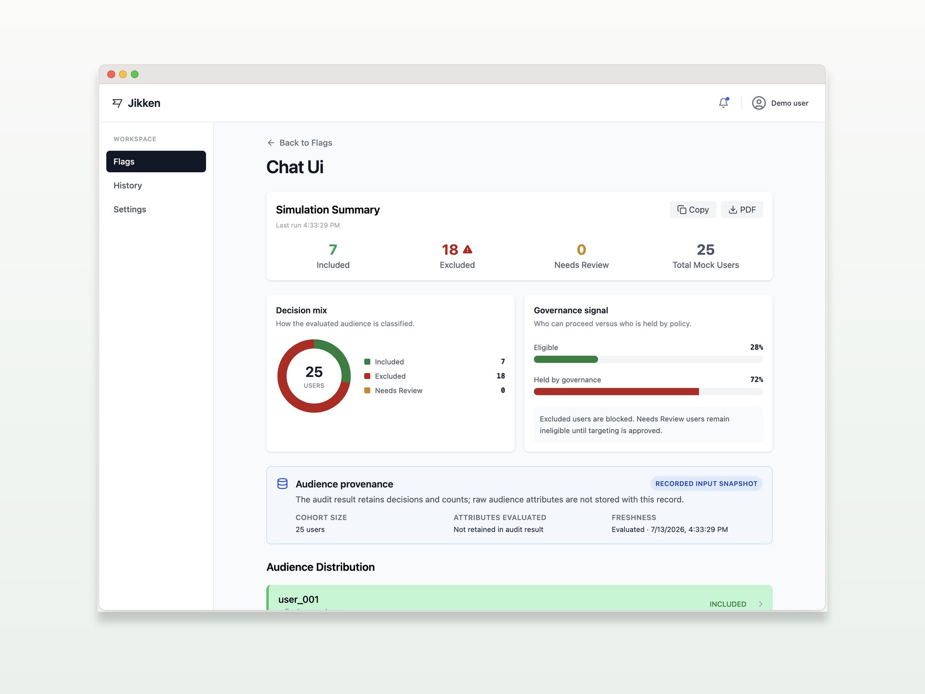 Jikken flag simulation with audience decision counts, governance signals, and per-user reasoning