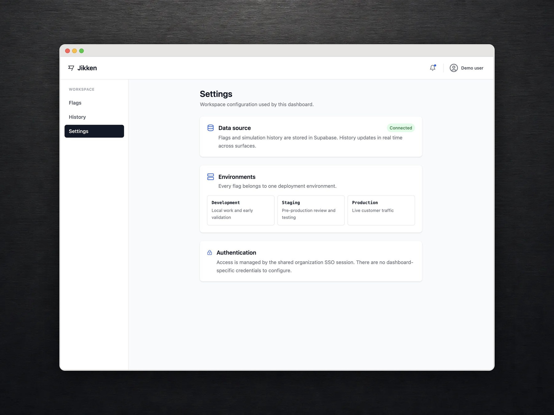 Jikken Settings showing the active data source, environments, and authentication configuration