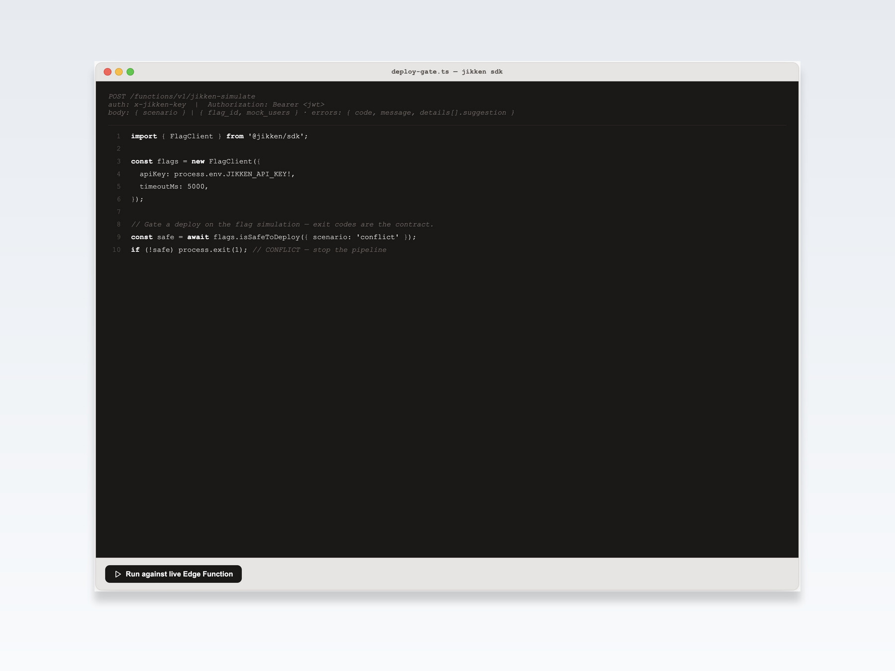 Jikken SDK example using a typed FlagClient to evaluate whether a deployment is safe