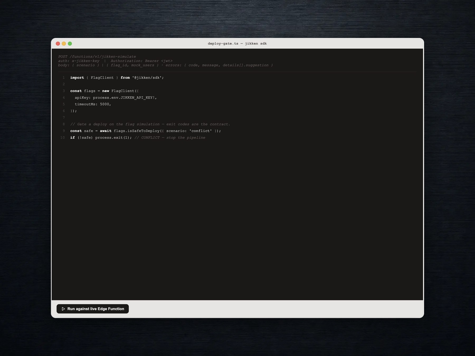 Jikken SDK example using a typed FlagClient to evaluate whether a deployment is safe