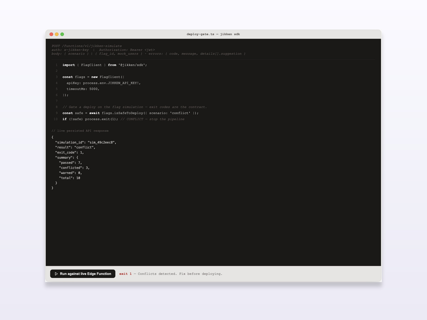 Jikken SDK response showing a conflict verdict, exit code, simulation ID, and audience summary