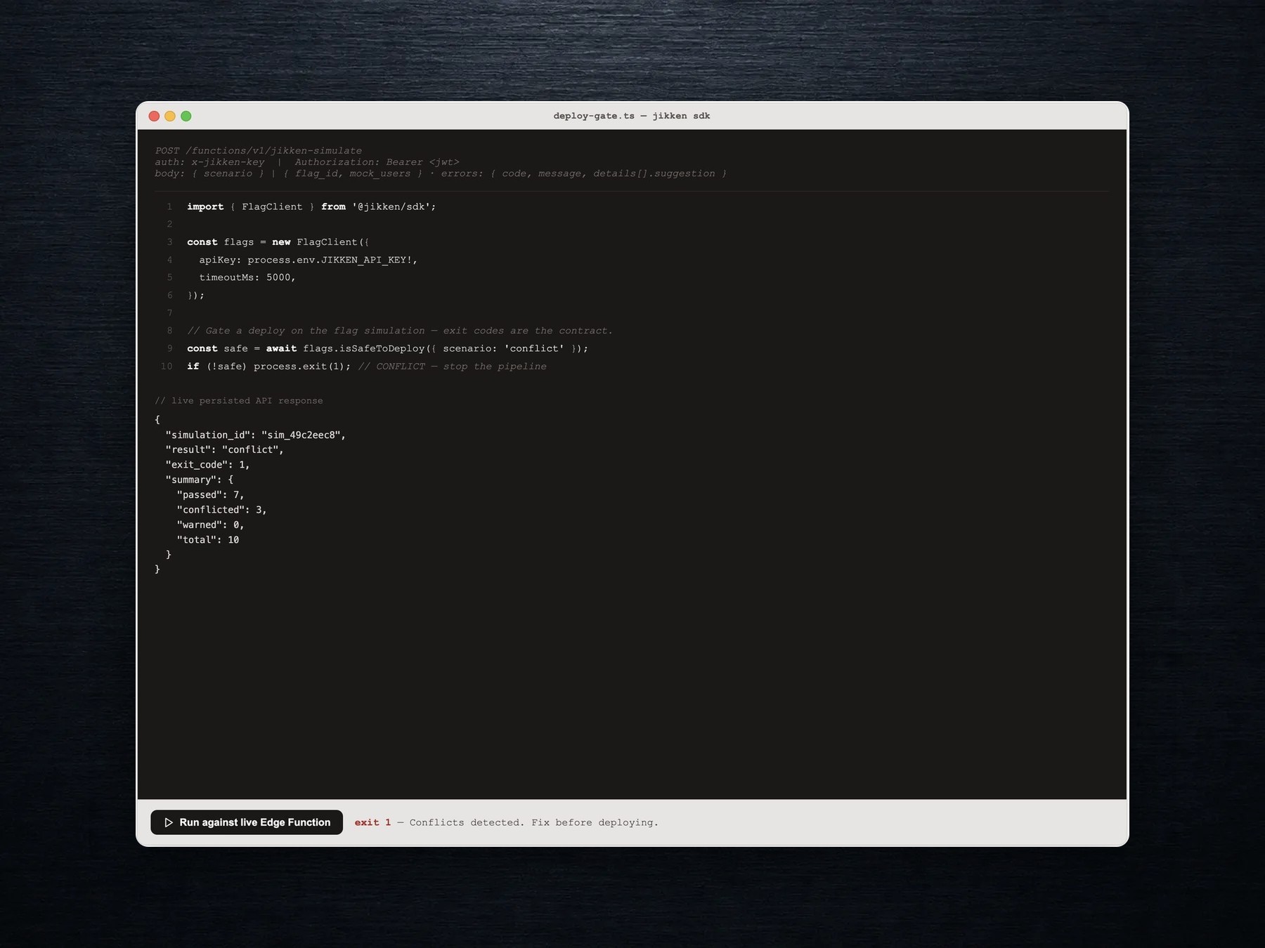 Jikken SDK response showing a conflict verdict, exit code, simulation ID, and audience summary