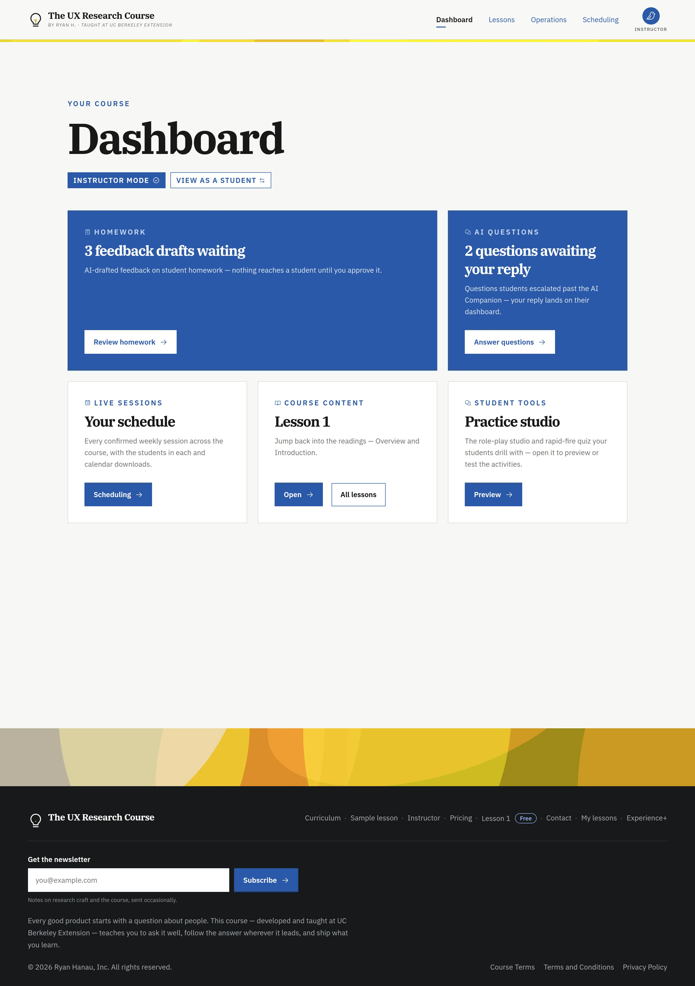 The instructor dashboard at uxrcourse.com, with attention cards for waiting feedback drafts and escalated questions