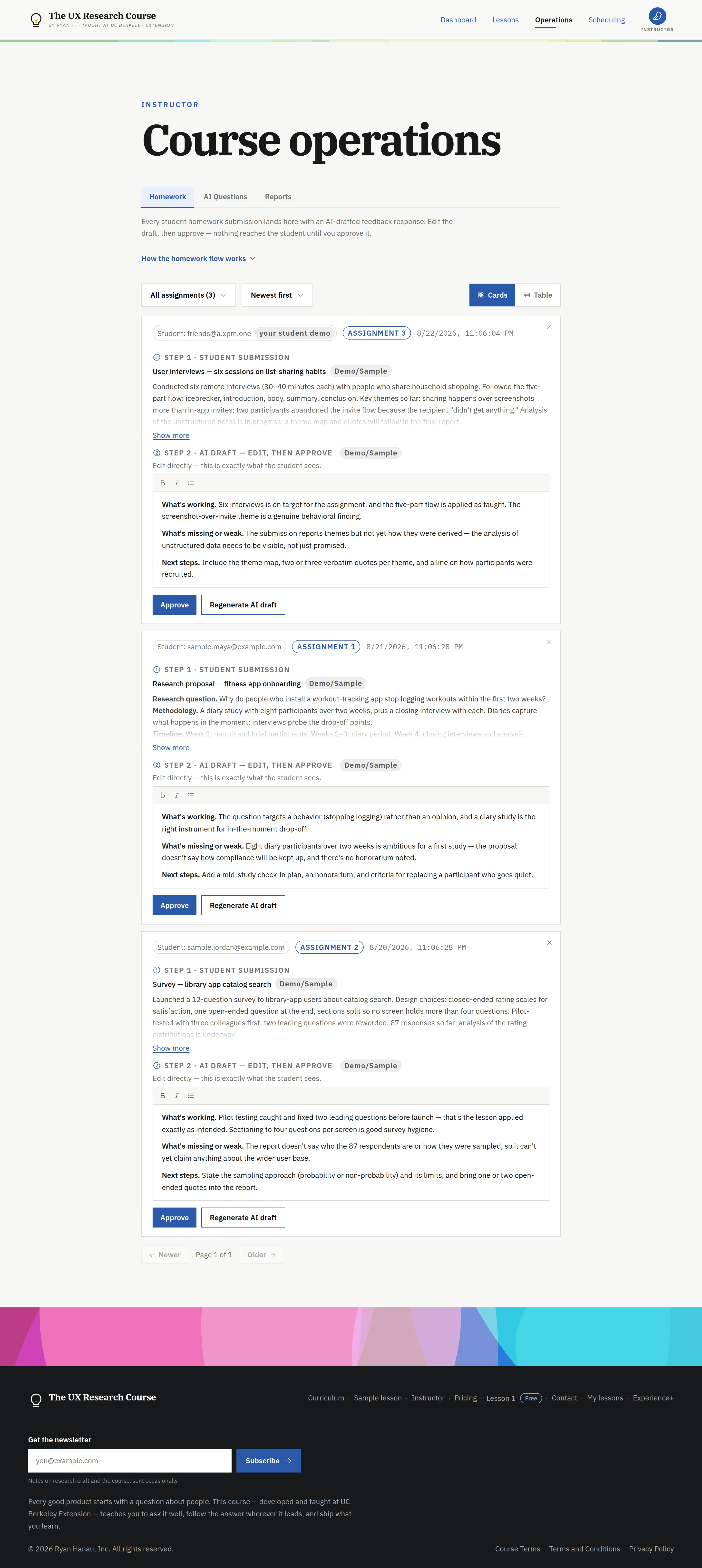 The Course operations homework queue: a student submission above its AI-drafted feedback, open in an editor