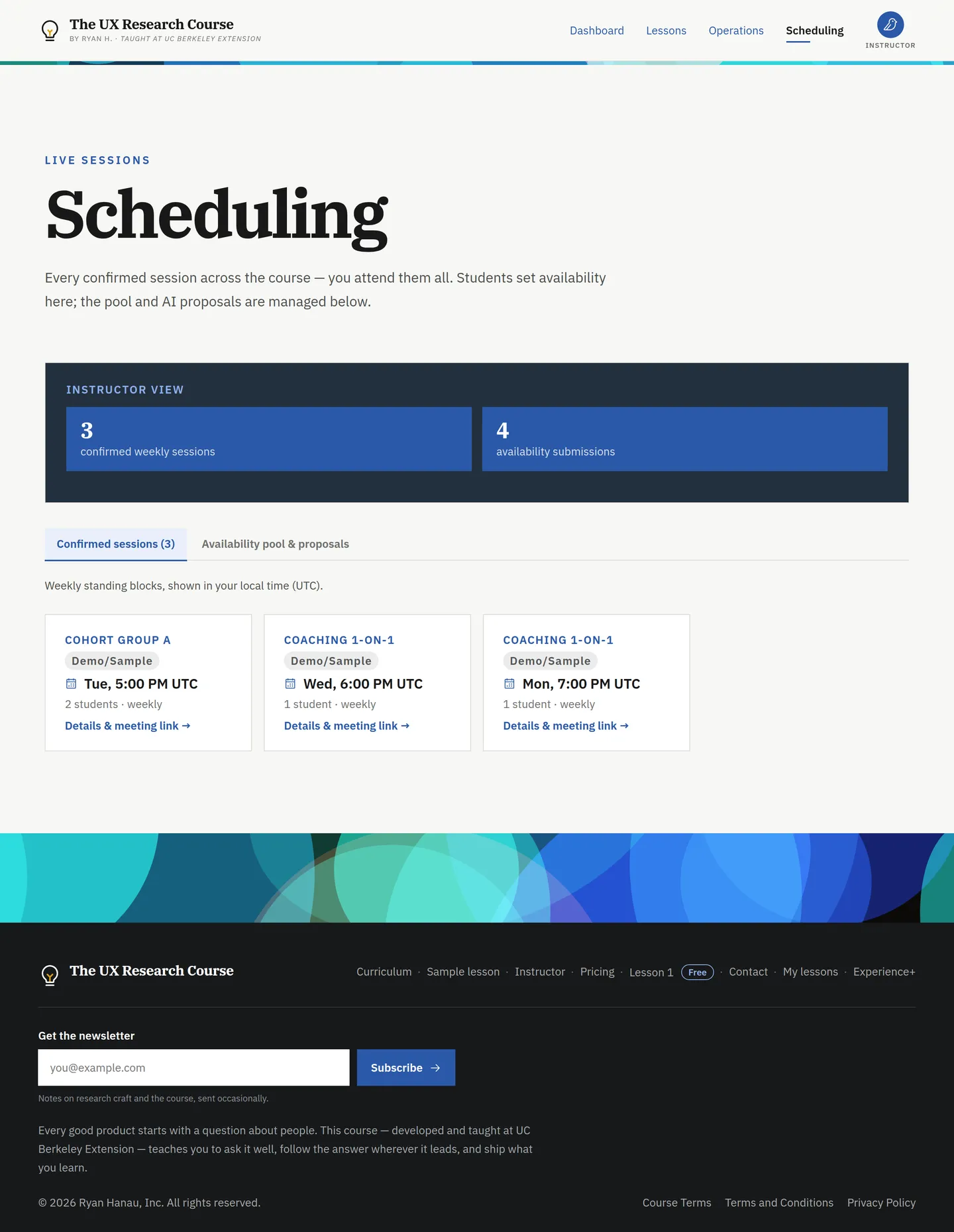 The Scheduling page with confirmed weekly sessions, each opening to details and an auto-generated meeting link